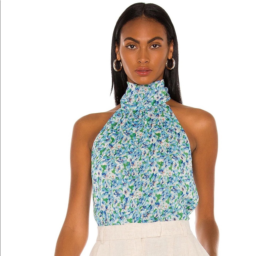 Sabina Musayev Madison sleeveless high neck top in blue and white floral
